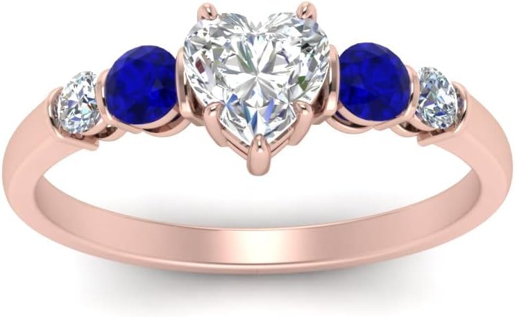 Choose Your Gemstone Round Accent Bar Diamond CZ Rose Gold Plated Heart Shape Side Stone Daily wear Engagement Rings Prong Setting Ring Size US 4 to 12