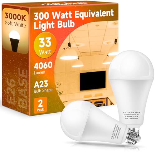 UNILAMP 300 Watt Equivalent Light Bulb, 33W Super Bright Garage Light Bulb, A23 LED E26 Warm White 3000K Bulb for Warehouse, Backyard, Non-Dimmable, 2-Pack