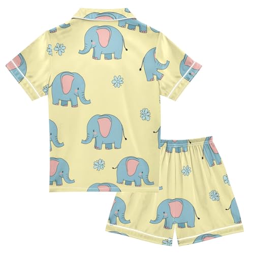 Satin Pajama Sets Short Sleeve Elephant Flower Pattern Print Button Down Silky Nightwear 2 Piece PJS 5-14Y2