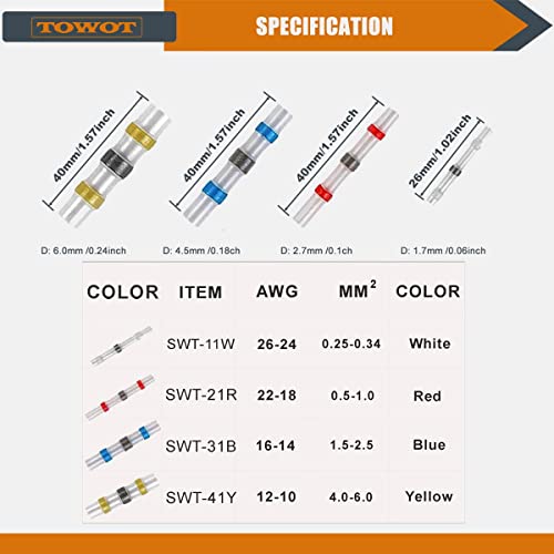 TOWOT 120PCS Heat Shrink Butt Connectors, Solder Seal Wire Connectors, Waterproof & Insulated & Corrosion Electrical Wire Terminals for Truck Marine Automotive Boat Wire Joint (120 PCS) - Thumbnail 5