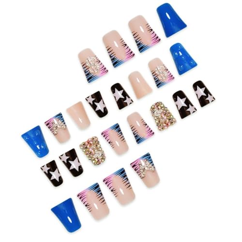 Image of Blue Press on Nails Star Fake Nails Duck Nail Press ons with Rhinestone Butterfly Charms Design French Tip Summer Stick on Nail for Women Manicure 24Pcs