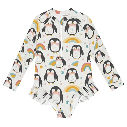 Cute Penguin Rainbow Girls Long Sleeve Swimsuit Rash Guard One Piece Bathing Suits Zipper 3-12T
