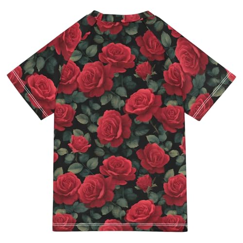 ALAZA Kids Rash Guard Girls Toddler Swim Shirts Short Sleeve Red Rose Leaves UPF 50+ 3T2