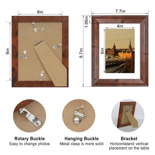 Image of iRahmen 6x8 Vintage Picture Frame with Mat 4x6 - High Definition Real Glass Wooden Photo Frames for Tabletop Display and Wall Mounting (Brown, Set of 4)