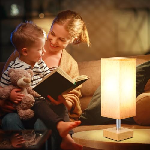 Image of Wood-Grain Small Bedside Lamp for Bedroom - Square Cream Fabric Shade | Inline Rocker Switch, Corded Electric, Bulb Not Included, 12.8 inch Mini Table Lamp for Nightstand, Desk, Dorm, Office
