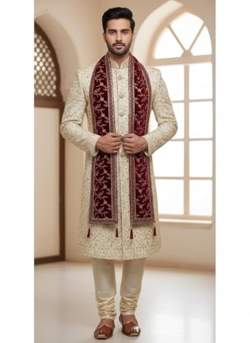 Image of Elegant Men's Wedding Sherwani Dupatta, Gold Velvet Floral Print, Traditional Indian Ethnic Wear with Tassels, Free Size
