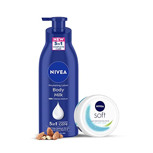 Nivea Milk 400Ml 5 In 1 Complete Care Nourishing Body Lotion & Soft 200Ml Moisturizing Cream With Vitamin E, Jojoba Oil