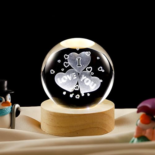Image of 3D Heart Crystal Ball Lamp with Dimmable LED and Wooden Base, Night Light for Kids Teens Adults, Home Desk Office Bedroom Decor, Birthday Gift (2.4 inch / 6cm)