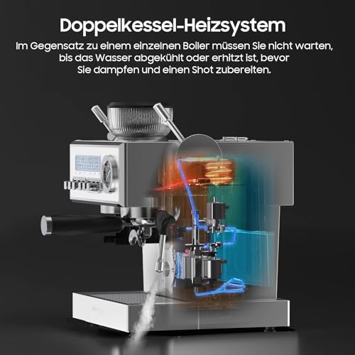 iceagle Espressomaschine Kaffee Halbautomat, Siebträgermaschine mit 20-Bar italien Pumpe, Kaffeemaschine mit Mahlwerk Milchschäumer und Barista Kit, 25 Mahlgrade, 1,6L, Edelstahl