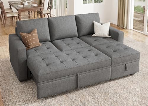 Image of HONBAY Modular Sectional Sleeper Sofa with Pull Out Bed, L Shaped Couch with Storage Seat Sectional Couches for Living Room,Mid Grey