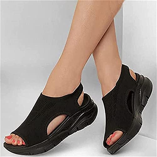 Riyueyi Summer Washable Slingback Orthopedic Slide Sport Sandals ​Women Flying Woven Wedge Heels Sandals Mesh Platform Soft Sole Casual Sports Women's Shoes,Schwarz Cover
