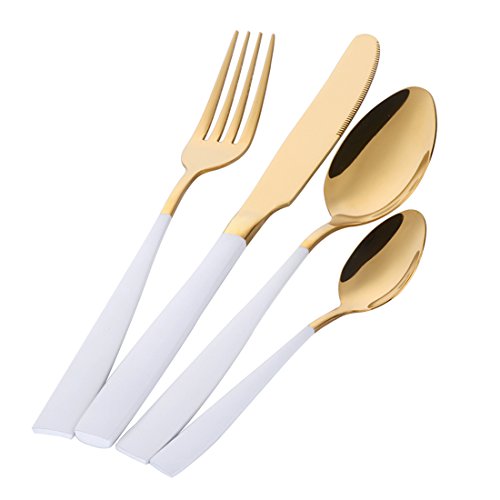 Buyer Star 4 Stück Gold Besteck, Golden Besteckset Utensilien mit Weiß Griff Edelstahl Besteck Geschirr, Messer und Gabel Löffel Teelöffel