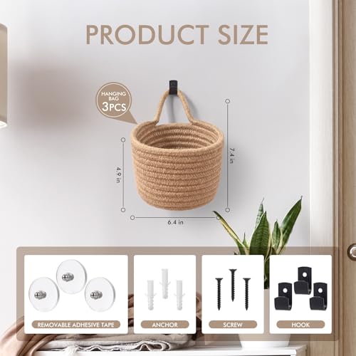 Fabric-Wall-Hanging-Baskets-3Pack-Woven-Pouchs-Boho-Style-Wall-Mounted-Bag-with-Adhesive-Hooks-Storage-Organizers-and-Decoration-Pocket-Caddy-Bins-on-Door-Rack-Linen-Black-Large Fabric Wall Hanging Baskets 3Pack Woven Pouchs Boho Style Wall Mounted Bag with Adhesive Hooks Storage Organizers and Decoration Pocket Caddy Bins on Door Rack Linen Black Large