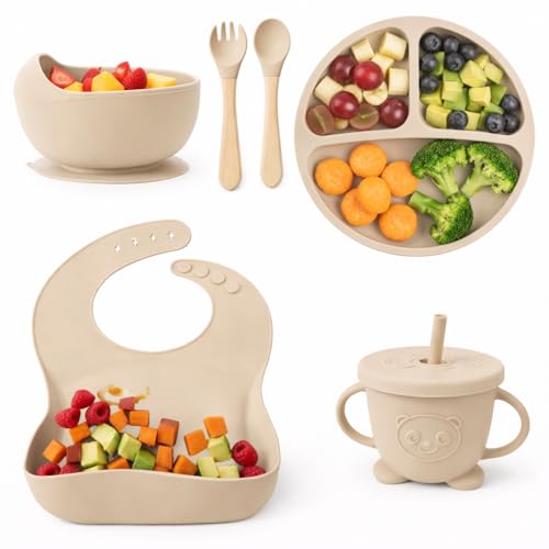 Image of 6 Piece BPA-Free Silicone Baby Feeding Set | Thick & Soft Suction Plates, Baby Food Bowl, Wooden Fork & Spoon, and More | Make Mealtime Fun and Easy for Your Little One (Beige)