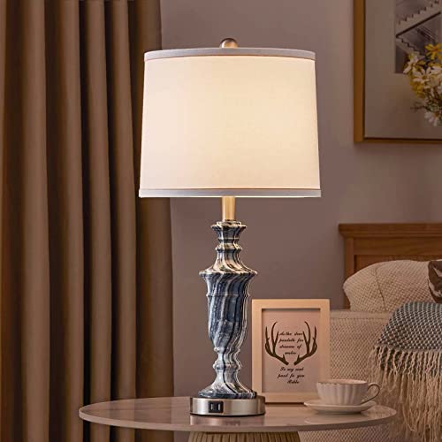 Kivditzo Blue Marble Finish Touch Control Bedside Table Lamp Set Of 2 Round Linen Shade 5V/2A Usb Charging Ports Lamp For Living Room Reading Room Bedroom Home Office #TOP5