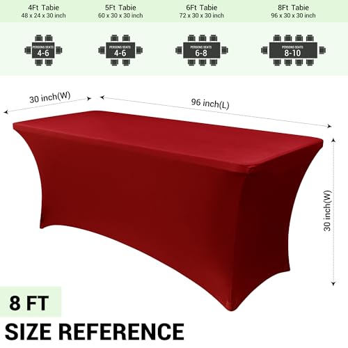 Image of Obstal 8Ft Stretch Spandex Table Cover for Standard Folding Tables - 2 Pack Universal Rectangular Fitted Tablecloth for Party, Banquet, Events, Trade Show (Dark Red, 96L x 30W x 30H Inches)