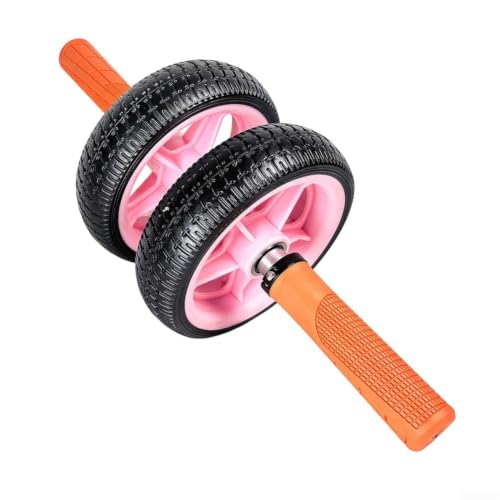 Rodillo de abdominales sin rebote de doble rueda para gimnasio en casa, equipo de ejercicio abdominal estable con neumáticos de goma, 17 cm (rosa + naranja)