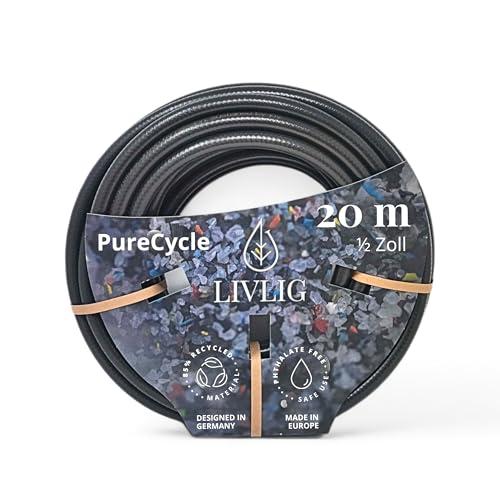 LIVLIG Gartenschlauch 20m Gartenschlauch schwarz aus 85% Recyclingmaterial 1/2 Zoll Wasserschlauch UV beständig & Made in Europe Bewässerungsschlauch PureCycle