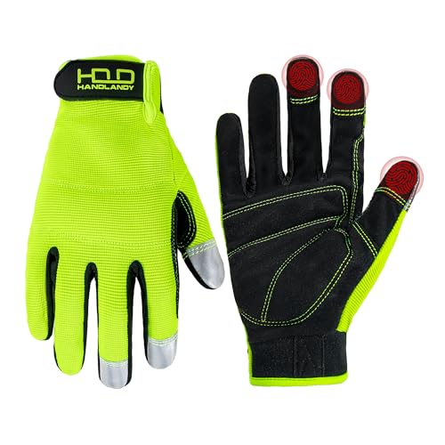 Image of HANDLANDY Mens Hi-vis Reflective Safety Work Gloves Touch screen, Synthetic Leather Padded Utility Gloves (Hi-vis Yellow, Large (Pack of 1))