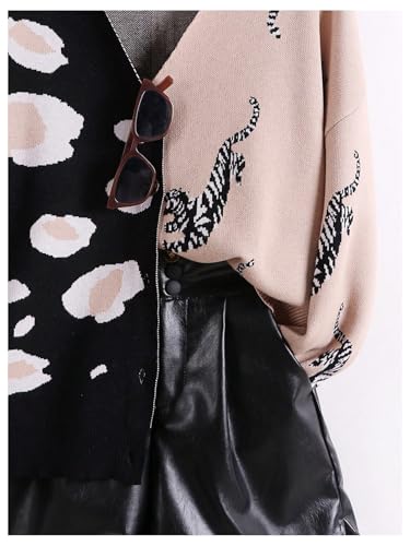 Image of WDIRARA Women's Leopard Tiger Print Cardigan V Neck Long Sleeve Color Block Button Down Sweater Outwear