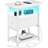 Yoobure End Table with Charging Station Narrow Side Table with Adjustable Fabric Drawer 3 Tier End Tables Living Room Small Nightstand with Outlets LED Skinny Night Stand for Bedroom Small Spaces