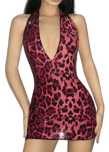 Naimo Damen Pailletten Minikleid Ärmellos Bodycon Kleid V Ausschnitt Neckholder Kleid Cocktail Kurze Kleider