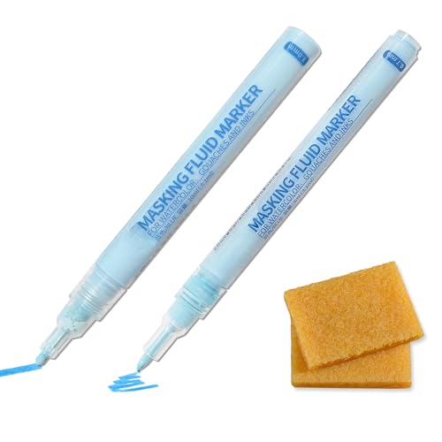 2 Pack Masking Fluid Pens for Watercolor Painting 3mm 10ml Capacity & 0.7mm 3ml Applicator Tip with 2 Erasers - Blue Liquid Masking for Various Art Projects Watercolor Ink