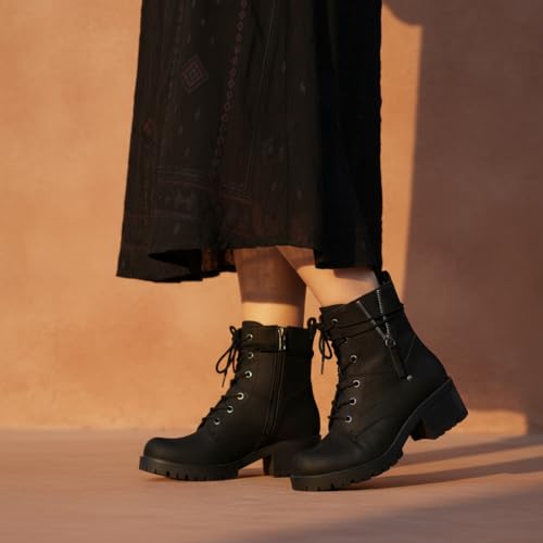 Image of Dunes Women's Kobe Heeled Combat Boots - Lace-Up with Side Zipper, Memory Foam Insoles, Faux Fur Lining, Vegan Nubuck Leather, Wide Widths Available