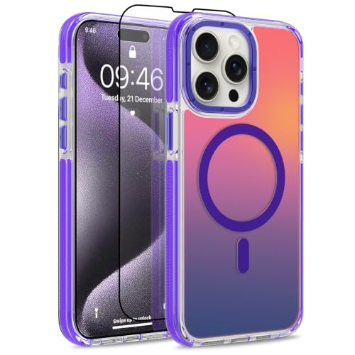 Image of Magnetic Case for iPhone 15 Pro Max [Compatible with Magsafe] [Cute Fashion Fluorescent Design] [1 Screen Protector] Slim Translucent Matte Case for iPhone 15 Pro Max 6.7 inch 2023, Purple