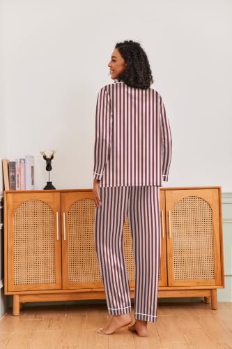 Image of Ekouaer Pajamas for Women Silk Satin Button Down Long Sleeve Pajama Sets