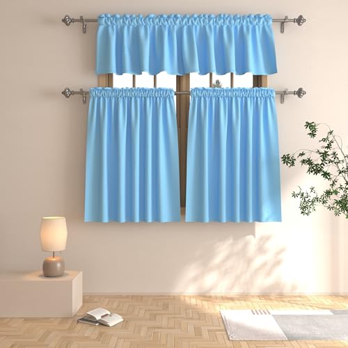 Sky Blue Tier Curtains 24 inch Room Darkening Kitchen Window Curtains Over Sink Boys Room Bathroom Short Curtain Triple Weave Small Basement Cafe Curtains Half Window Treatment Set 2 Panels Rod Pocket by UPOPO - Image 7