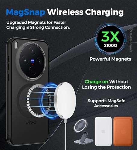 Image of Golden Sand Rugged Frosted MagSnap Back Cover Case for Vivo X300 5G | Compatible with MagSafe, Strong Magnets | Semi Transparent PC Shock Proof Slim TPU Case for Vivo X300 5G, Phantom Black