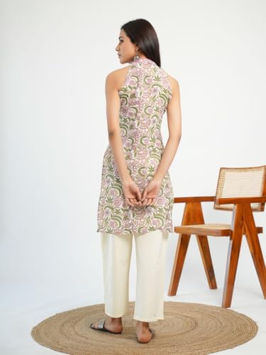 Image of GOODHAND Women Printed Cotton Kurti | Casual Long Kurta | Comfortable Ethnic Wear with Relaxed Fit