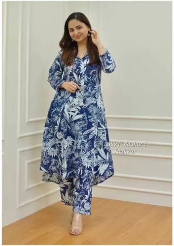Image of Women's Cotton Kurta with Trousers Set, Floral Print, Regular Fit