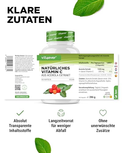 vit4ever Natürliches Vitamin C aus Acerola Extrakt - 365 Kapseln - Hochdosiert - Premium Rohstoff - Ohne unerwünschte Zusätze - Vegan