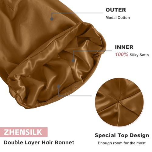 Image of ZHENSILK Silk Bonnet for Sleeping Women, Adjustable Silky Satin Lined Sleep Cap, Silk Hair Wrap Slouch Beanie Hat