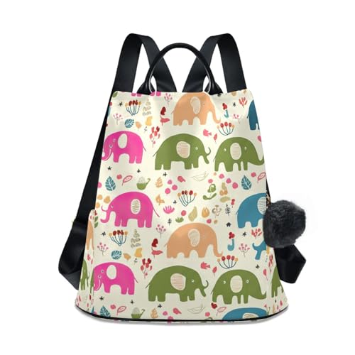 Sac à dos femme imprimé éléphants mignons couleur beige et finitions pompons