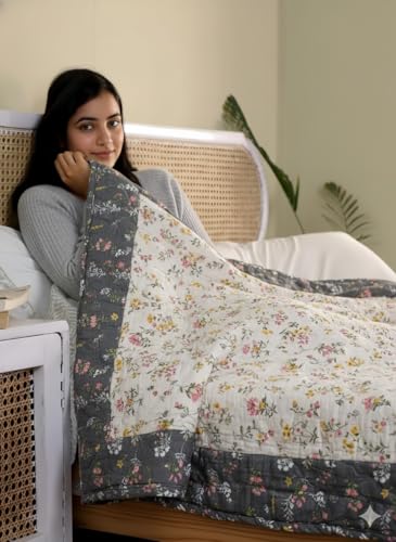 Image of IVAZA Luxury Ultrasonic Punch AC Comforter Blanket - Quilted Microfiber Floral Pattern, Lightweight Breathable All‑Season Blanket for Bedroom, Travel (Singled Bed,228x152 CM) (Cream Black
