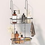 Fixwal Hanging Shower Caddy Over the Door with Soap Holder, No Drilling Adhesive Bathroom Storage Organizer Rack with 10 Hooks Hanging Shelf Basket Rustproof Waterproof Anti-Swing, 2 Tiers