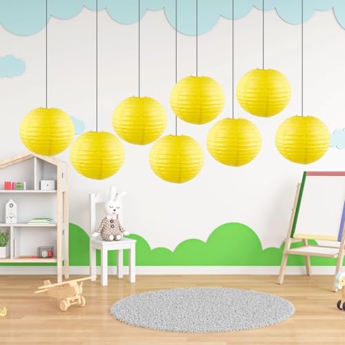 Image of Yellow Chinese Paper Lanterns with LED Lights, 10-Pack 12inch | Hanging Lights for Fall Festival, Birthday Decorations, Ceiling Decor, Home Party & Baby Shower
