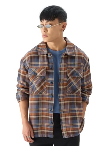 Image of The Souled Store Plaids: Orion Brown Men and Boys Button Front Long Sleeve Oversized Fit Flannel Shackets Men's Flannel Shirt Winter Plaid Thick Jackets Shackets for Men Outerwear Layering Shirts