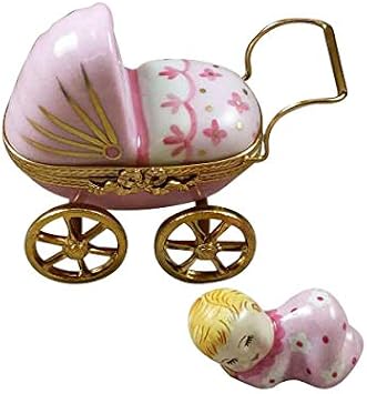 PINK BABY CARRIAGE - LIMOGES BOX AUTHENTIC PORCELAIN FIGURINE FROM FRANCE
