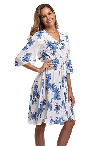 Image of VintageClothing Women's Floral Sundresses Flowy Boho Summer Beach Dress | Lightweight Breathable material,Elegant V Neck and Button Front Design,Flared Bell Sleeve Cut,Mini Casual dress