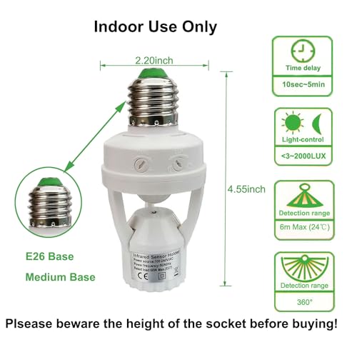 Taigeguang LSE2702 Motion Sensor Light Socket,E26/E27 Screw In Light Bulb Holder Adapter Light Control Indoor Only,Auto On/Off Motion Activated Light Socket thumb #4