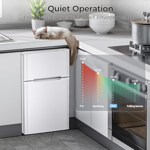 Image of Kismile 3.2 Cu.Ft Mini Fridge with Freezer, Two-Door Compact Refrigerator, Adjustable Temperature, Perfect for Bedroom, Apartment, Office, Dorm, White