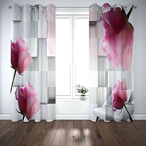 Rideaux oeillets polyester de haute qualité drapé lourd fleurs roses 3D - 5