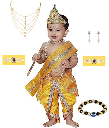 Image of Krishna Dress for Kids, Baby Krishna Dress for Janmashtami with Krishna Mukut, Peacock Feather & Flute Embroidered Krishna Costume for Girl & Boy, 3 Months-8 Years