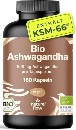 Bio Ashwagandha-KSM-66 Kapseln hochdosiert - 180 Kapseln - 600 mg KSM-66 vegan & produziert in Deutschland - Laborgeprüft - Verpackung kann variieren