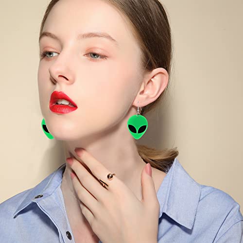 Acrylic Punk Green Alien Face Dangle Earrings Big Eye Space Aliens Statement Drop Stainless Steel Rave Earrings2