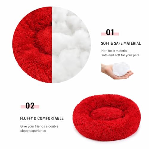 Image of ZEXSAZONE Summer Small Cat Bed Donut Shape for Kittens & Small Dogs | Soft Plush Washable Puppy Bed | Raised Sides for Head & Neck Support | Reversible 2-in-1 Pet Cushion Red